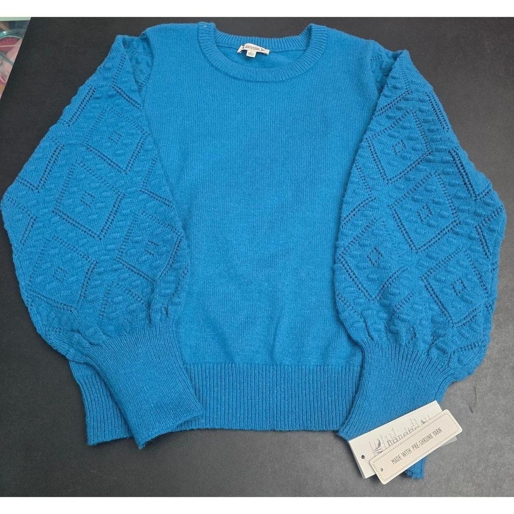 NWT Nanette Lepore Blue Pointelle Balloon Sleeve Sweater Crewneck Size XL